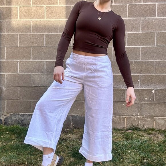 White Linen Pants Womens Large Wide Leg Roxy Fisherman - Picture 1 of 9